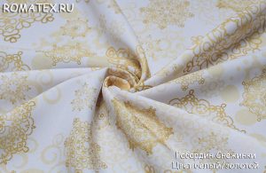 Ткань габардин принт снежинки цвет белый/золотой